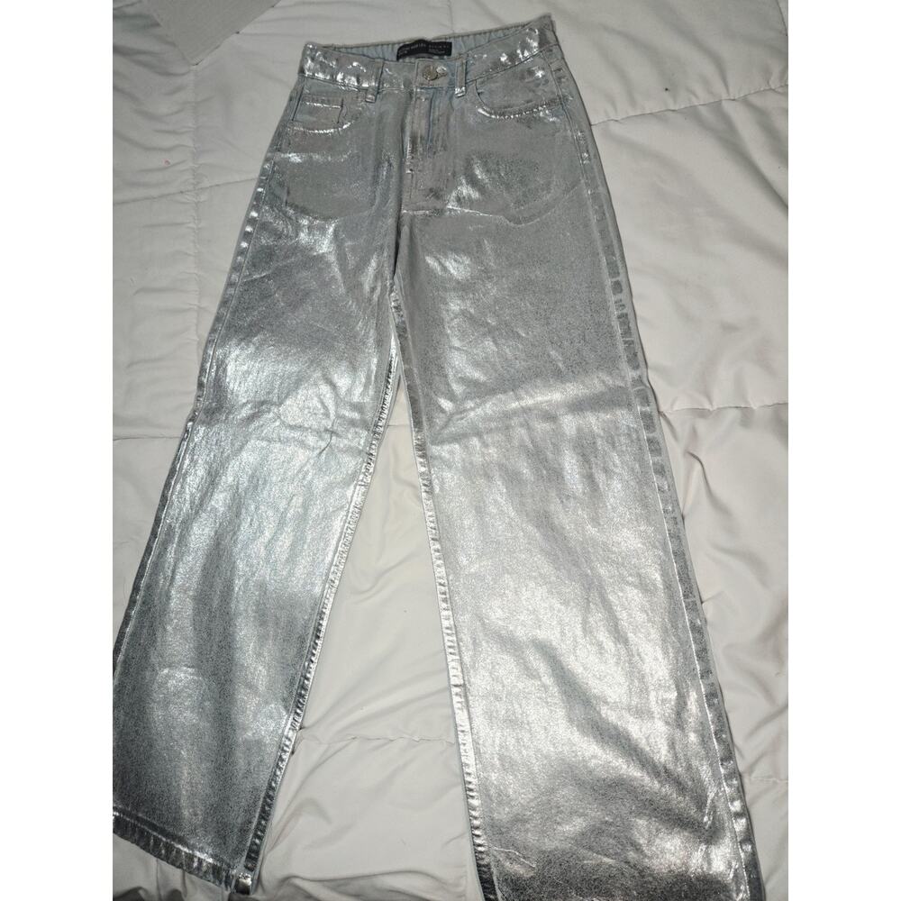 Silver Foil Coated 11 12 Denim Girl Wide Leg 90's Style Y2K Retro Baggy